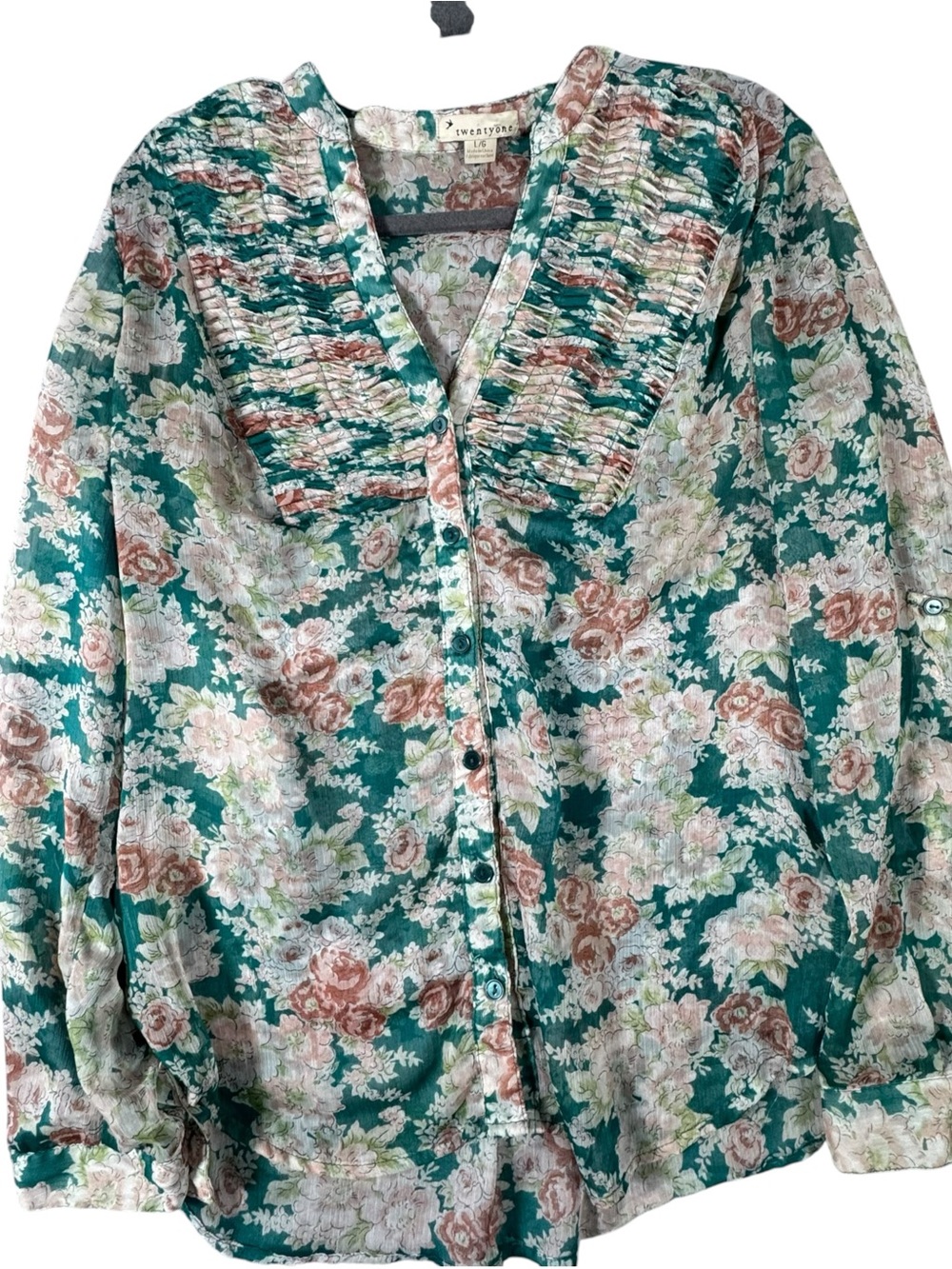 Teal and Pink Floral Ruffle-Trim Button Blouse